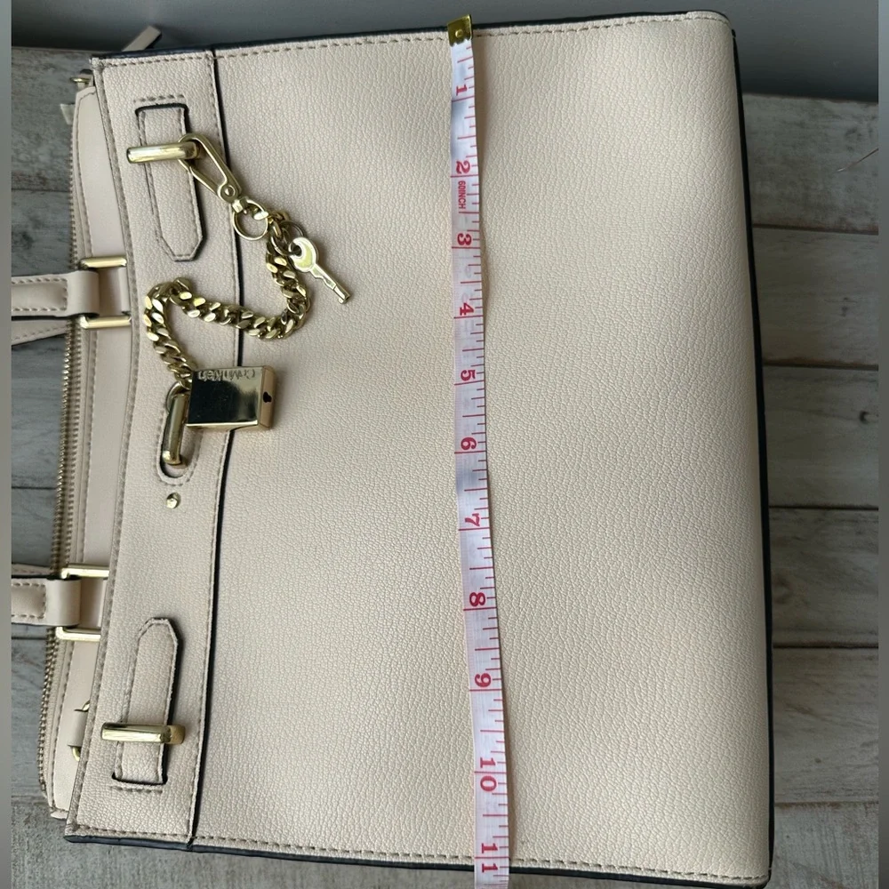 Calvin Klein Cream Roxy Leather Tote Crossbody Bag with Gold Accents